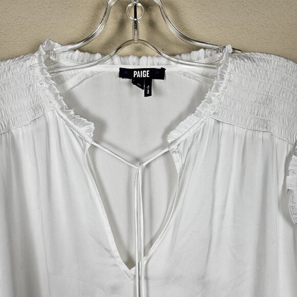 PAIGE Kaylynn Smocked Blouse Tassels City Chic Matte Satin Boho White Womens M - Picture 11 of 16